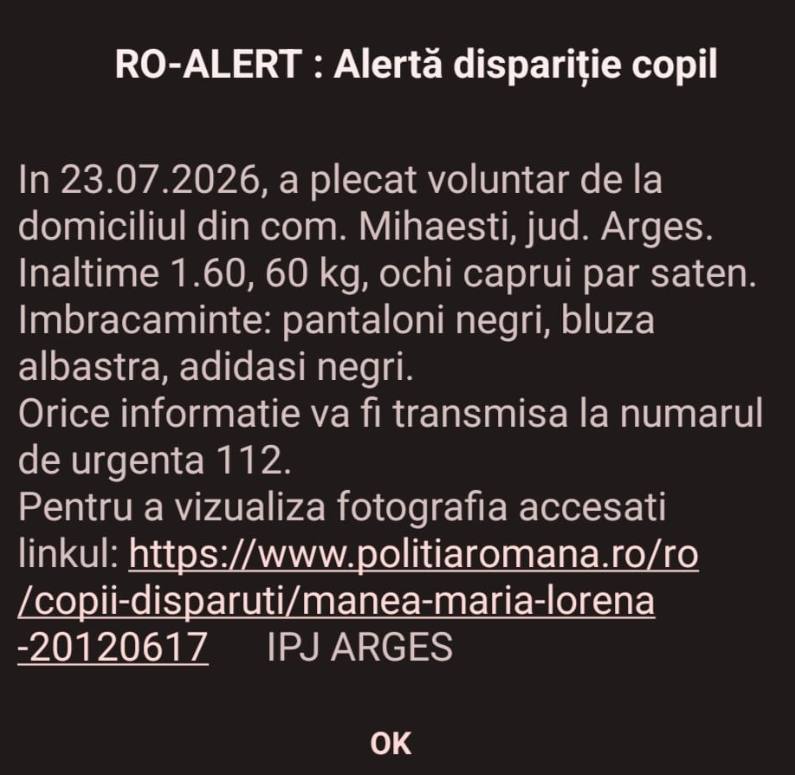 RO-ALERT în Argeș! Fată de 14 ani, dată dispărută 1 RO-Alert fată dispărută