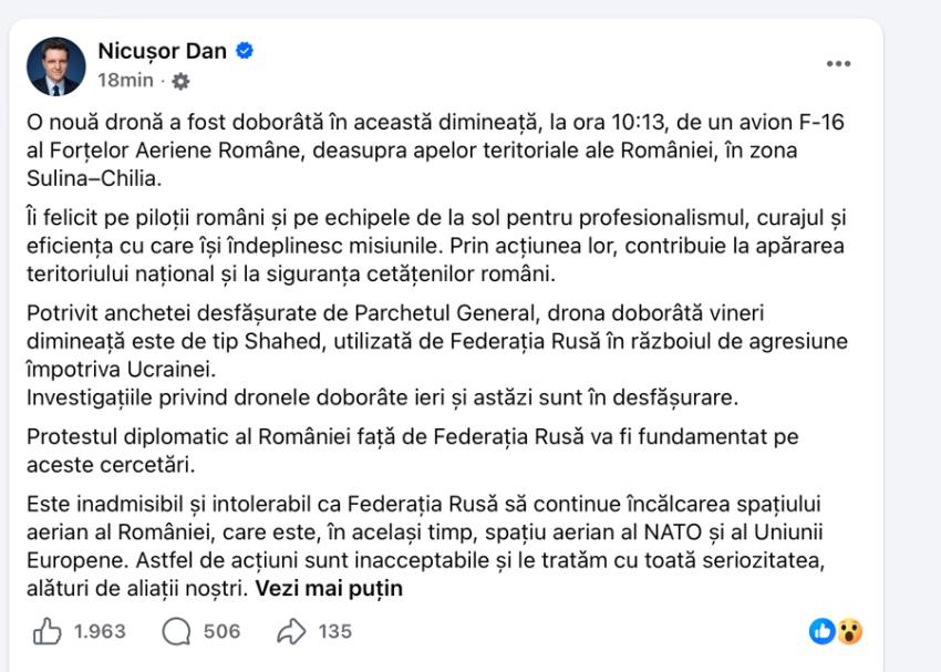 România acuză Rusia de încălcarea spațiului aerian Nicușor Dan: ”Este inadmisibil și intolerabil” 1 nicusor dan a treia drona doborata - România acuză Rusia de încălcarea spațiului aerian Nicușor Dan: ”Este inadmisibil și intolerabil”