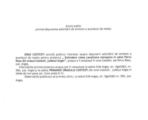 Anunț public privind depunerea solicitării de emitere a acordului de mediu 1 Anunț public