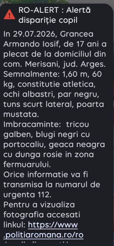 whatsapp image 2026 08 01 at 13.18.17 - Băiat de 17 din Merișani căutat de familie și polițiști. Plecarea lui ar avea legătură cu minora de 15 ani dată dispărută