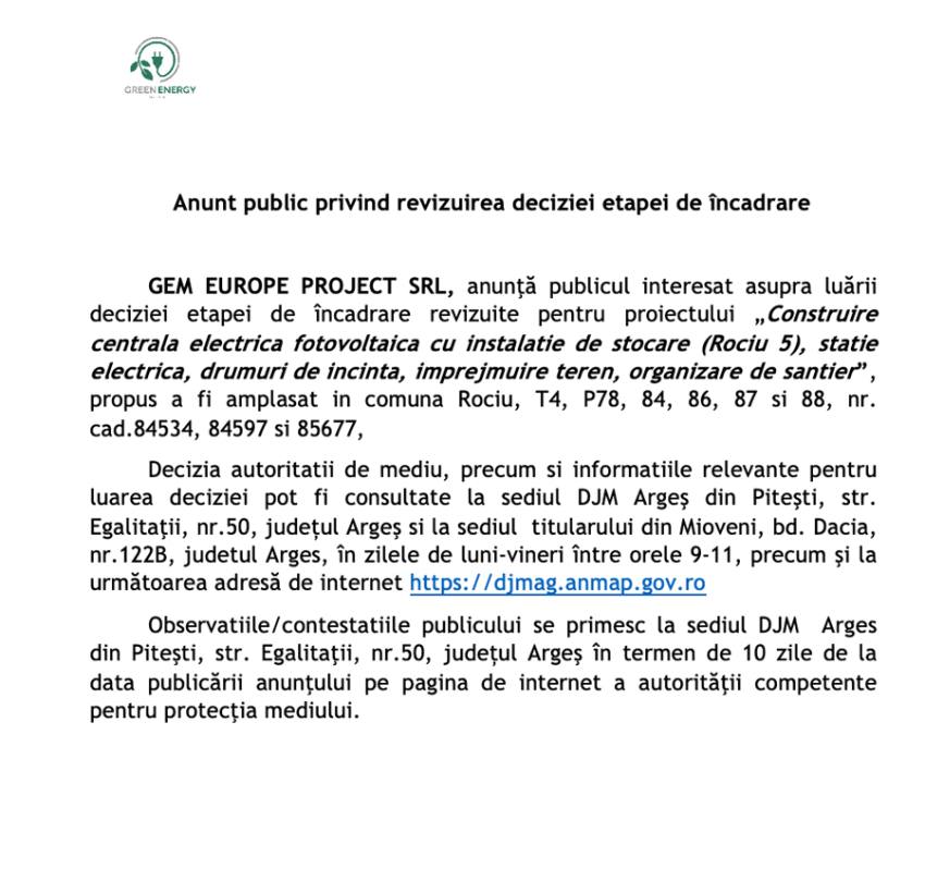 anunt publicare 2 - Anunț public privind revizuirea deciziei etapei de încadrare