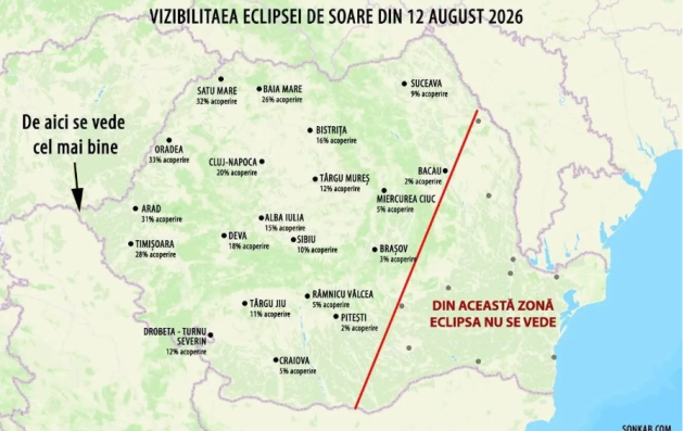 Eclipsa de Soare din 12 august. În ce orașe din România poate fi văzută și cât va dura 1 hartă eclipsa de soare