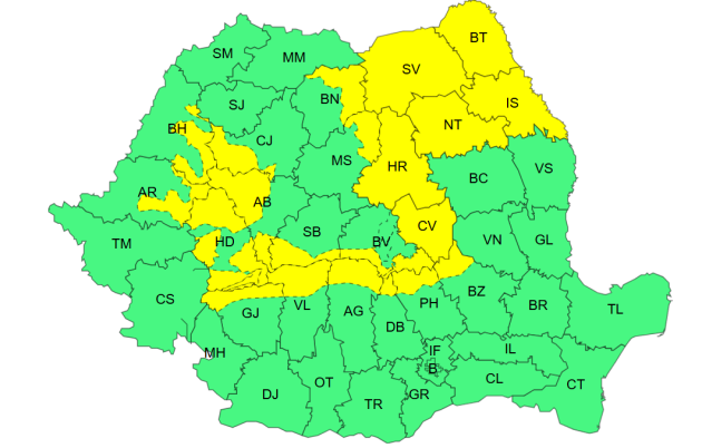Alertă meteo în Argeș! Cod galben de furtuni și ploi torențiale 2 harta anm cod galben