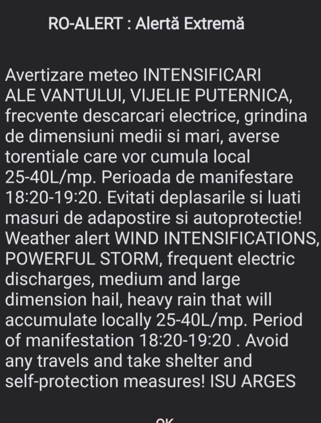 Ploi torențiale și vânt puternic în Argeș.  A fost emis Ro-Alert