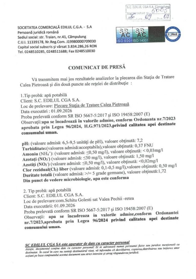 Calitatea apei potabile verificatฤ de S.C. EDILUL CGA S.A 1 comunicat calitatea apei nr 5005 din 7 sept page 0001 - Calitatea apei potabile verificatฤ de S.C. EDILUL CGA S.A