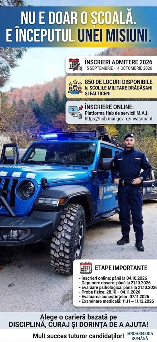 850 de locuri la școlile de subofițeri de jandarmi. Înscrierile se fac până pe 4 octombrie 1 850 de locuri la școlile de subofițeri de jandarmi. Înscrierile se fac până pe 4 octombrie