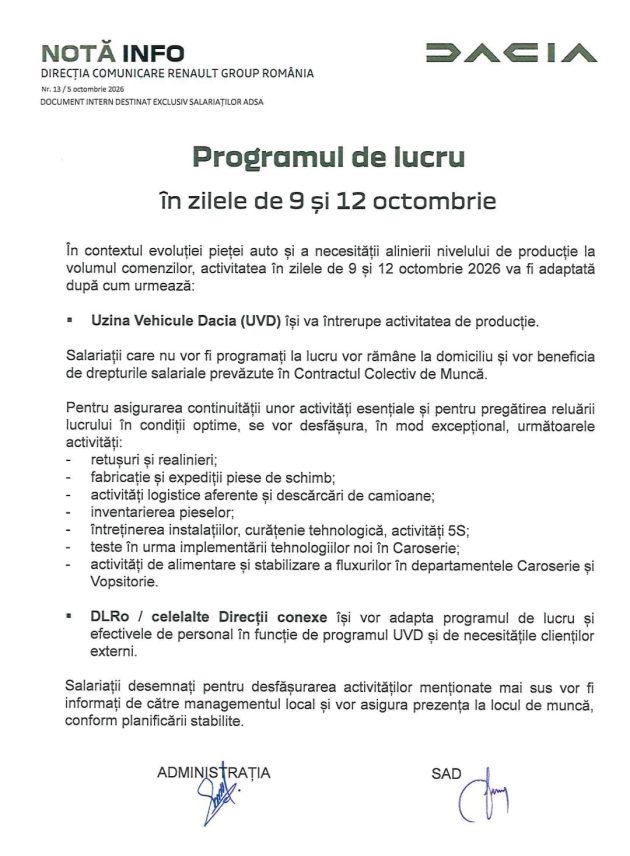 Dacia intrerupe productia doua zile