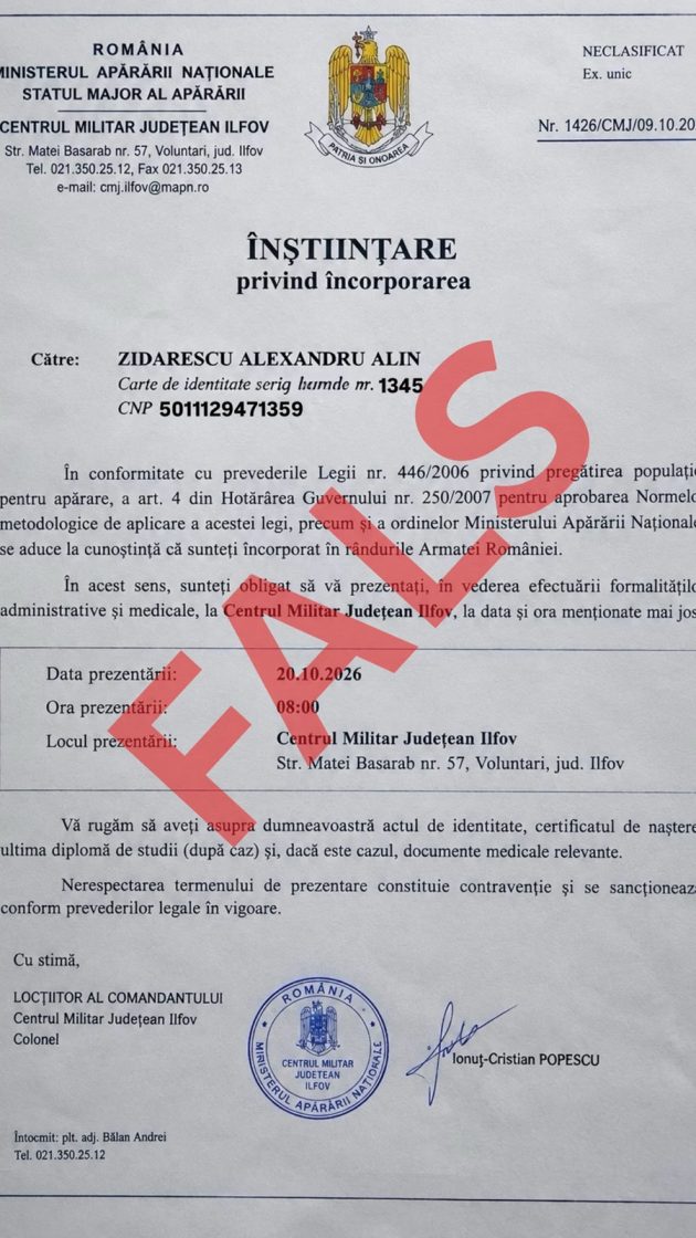 Document fals despre încorporarea de urgență a tinerilor, distribuit online. Avertismentul MApN 1 mapn dezinformare cu privire la emiterea unor asa zise instiintari de incorporare pentru tineri - Document fals despre încorporarea de urgență a tinerilor, distribuit online. Avertismentul MApN