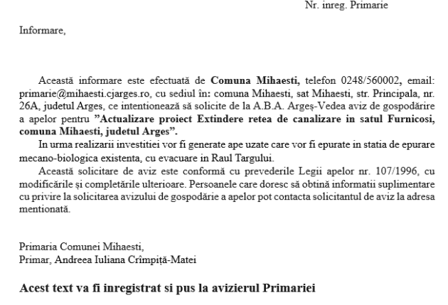 11 - Informare: „Actualizare proiect Extindere rețea de canalizare în satul Furnicoși, comuna Mihaești, județul Argeș”