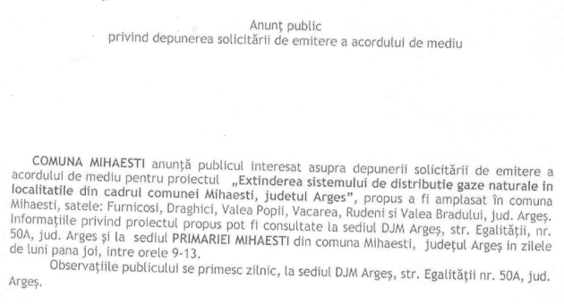 1 - COMUNA MIHAEȘTI - Anunț public privind depunerea solicitării de emitere a acordului de mediu